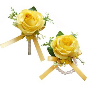 MAFELOE 2 Pieces Homecoming Party Prom Artificial Rose Corsage and Boutonniere Set, Simulation Flowers Accessories for Wedding Celebration Business Event Suit Decor- Yellow (M7-Y2-S-MG)