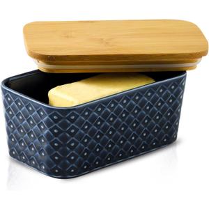 Ceramic Butter Dish with Lid,Large Butter Container with Airtight Cover for Countertop or refrigerator,Farmhouse Butter Holder for Kitchen Gifts,Dishwasher Safe,Navy Blue Embossed Pattern