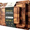 End Grain Cutting Board Set of 3 with Non-slip Feet, Reversible Acacia Wood Cutting Boards for Kitchen with Juice Grooves and Handles Non Toxic Chopping Board Butcher Block Serving Tray Kitchen Sets