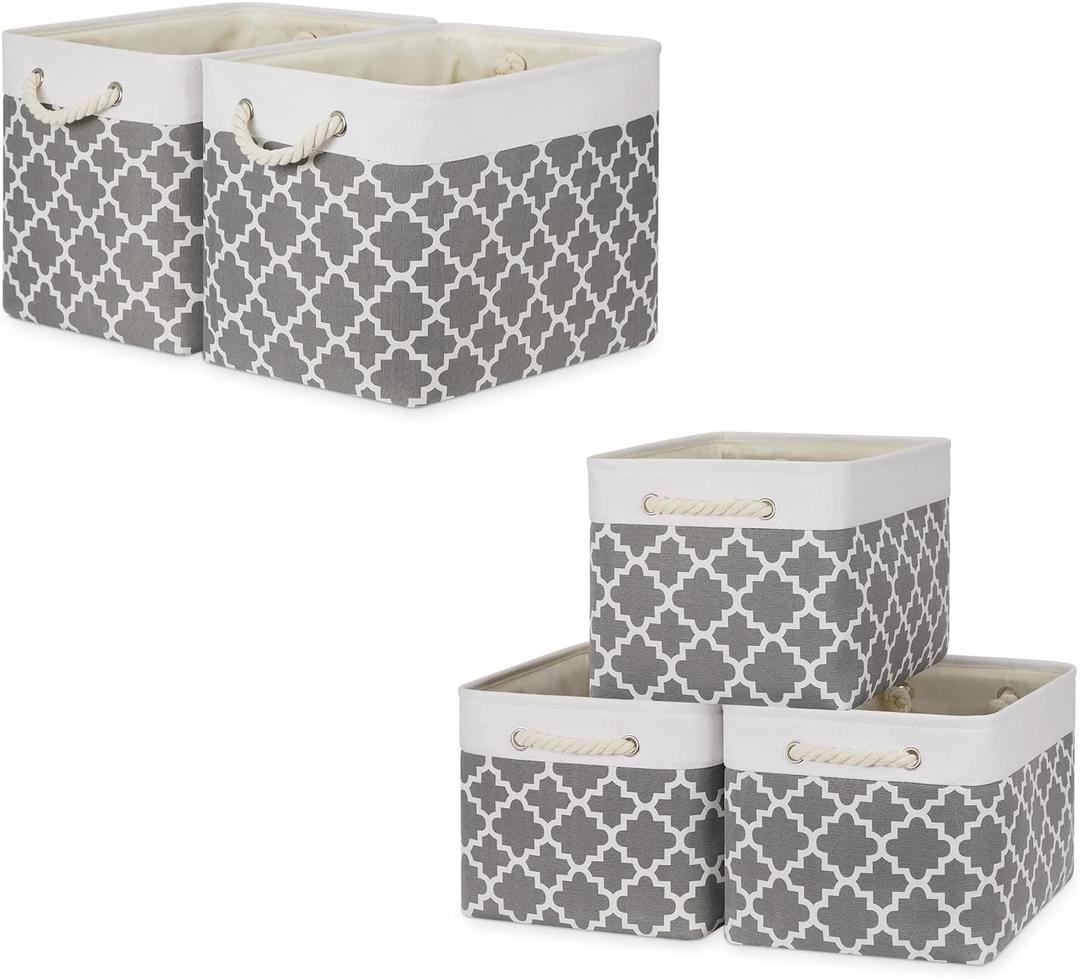 Bidtakay Baskets Set Fabric Storage Bins-White&Quatrefoil Grey Bundled Baskets of 2 Large Baskets 16" X 11.8" X 11.8" + 3 Medium Baskets 15" X 11" X 9.5" for Closet, Shelves