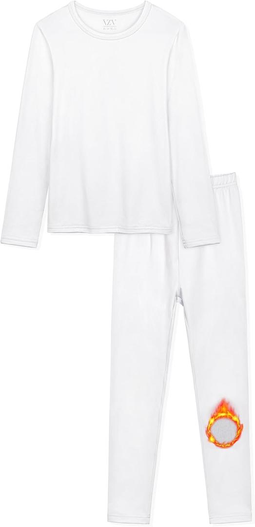VZV Girls Thermal Underwear Set Thermal Underwear for Kids Fleece Lined Long Johns Kids Base Layer Top and Bottom for Winter (Small, White)