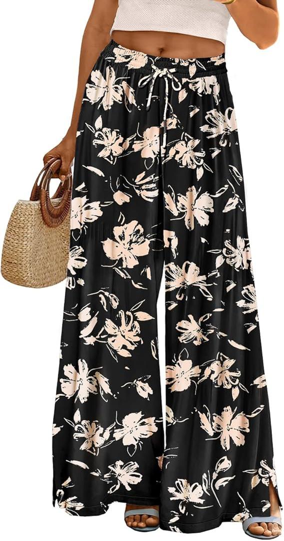 YESNO Women Summer Boho Palazzo Pants High Waist Wide Leg Floral Casual Cotton Lounge Trousers with Pockets M PP0 CR346, M, Floral 346