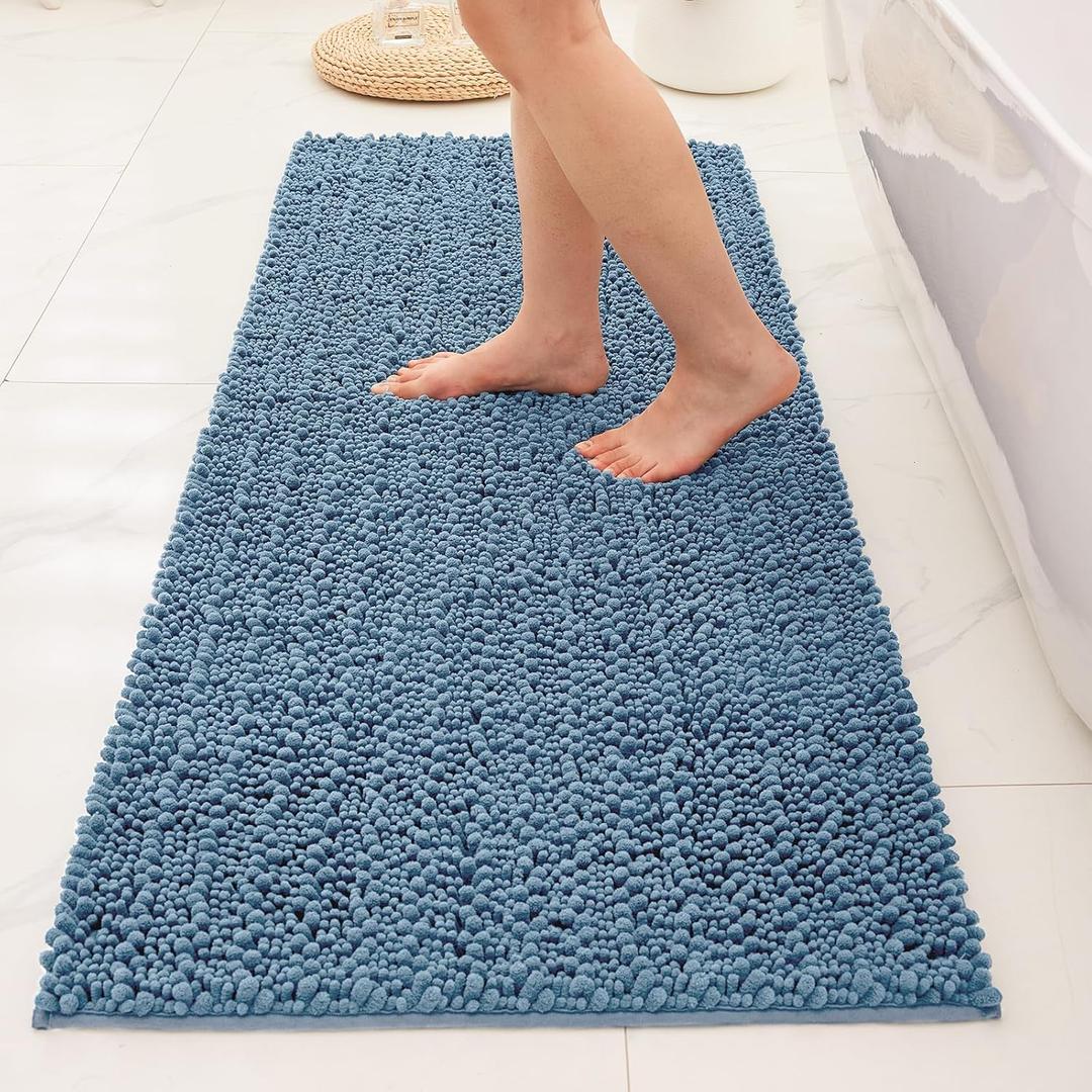 Bathroom Rugs Non Slip Washable 60x24, Extra Thick Soft Chenille Absorbent Bath Mat, High Density Barrier Non Slip Backing, Quick Dry Plush Shaggy Floor Carpet for Tub & Shower, Blue