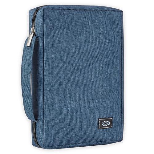 Christian Art Gifts Men/Women's Bible Cover Jesus Fish, Blue Canvas, Medium