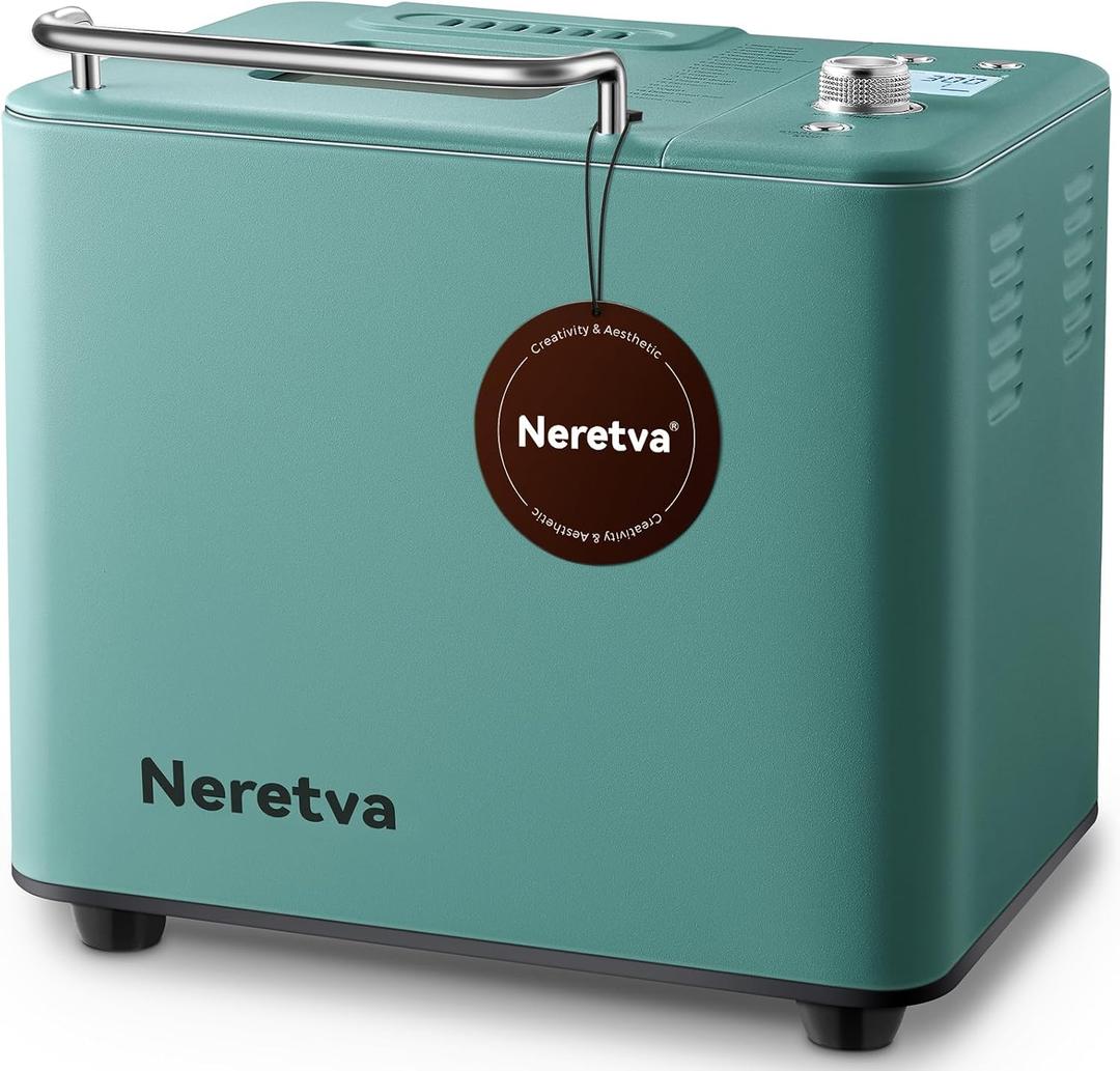 Neretva Bread Maker, 20-IN-1 2LB Bread Machine Dual Heater Bread Maker Machine Automatic with Nonstick Ceramic Pan, 15H Timer & 1H Keep Warm Set, Low Noise, Stainless Steel Breadmaker Recipe-Green