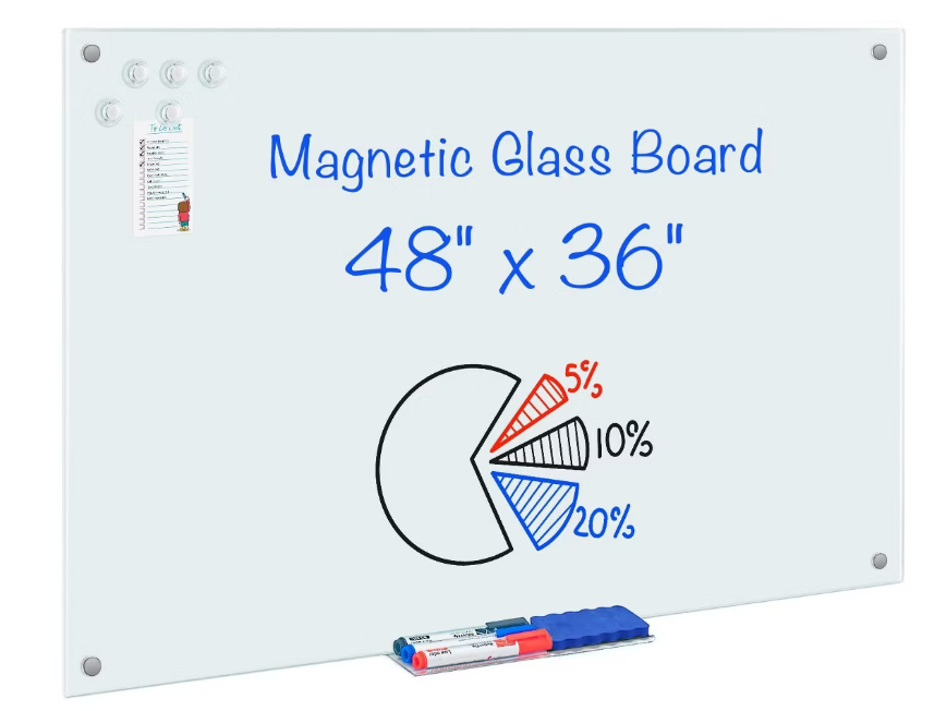 Maxtek 48" x 36" Magnetic Glass Dry Erase Presentation Whiteboard for Classroom Home Office, White