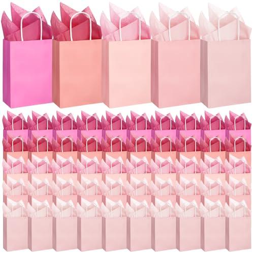 Kolldenn 50 Set Gradient Pink Gift Bags with Tissue Paper 8.27 x 5.91 x 3.15 Inch Small Paper Bags with Handles Thank You Gift for Baby Shower Bridal Shower Wedding Party Favors Goodies