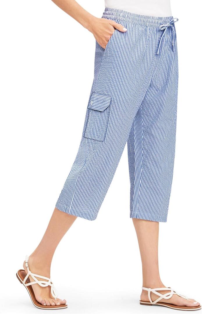 Collections Etc Striped Seersucker Drawstring Cargo Pocket Capri Pants (Large, Blue)