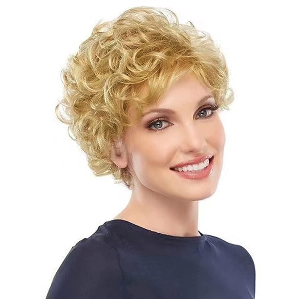Short Blonde Wigs for White Women Curly Natural Old Lady Hair Wig with Bangs Costume Halloween Party Daily Wig(Blonde)