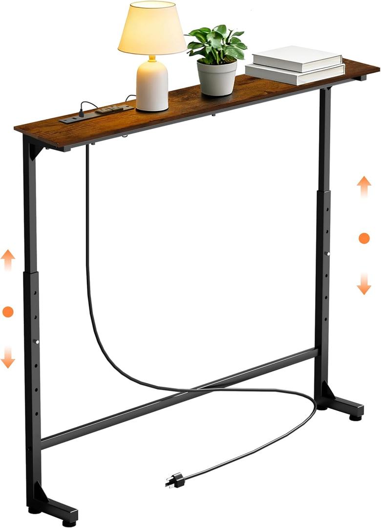 GRLEAF 35" Adjustable Height Narrow Console Table with Power Outlets, Long Sofa Table with Charging Station Behind Couch Table Skinny Entryway Table for Living Room, Hallway and Office Rustic Brown