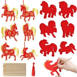 Woanger 60 Pcs Chinese New Year Crafts Scratch Paper Craft Bulk DIY Lunar New Year 2026 Scratch Painting Gift Hanging Ornaments for Home Spring Festival Party Decor(Horse)