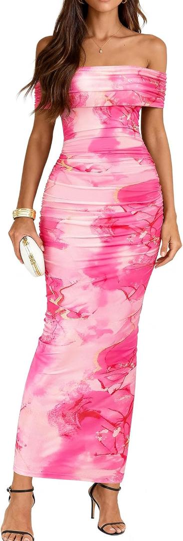 BTFBM Cocktail Dresses for Women 2026 Elegant Classy Off Shoulder Bodycon Mesh Slit Floral Maxi Spring Summer Dress (XL)