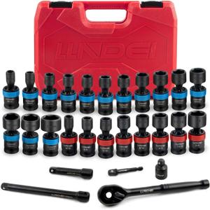 LLNDEI 27Pcs 3/8" Drive Swivel Impact Socket Set, CR-MO Swivel Socket Set Metric(8-22mm)& SAE(5/16-3/4),6 Point Wobble Socket Set with Ratchet Wrench, Extension Bar and Adapters.