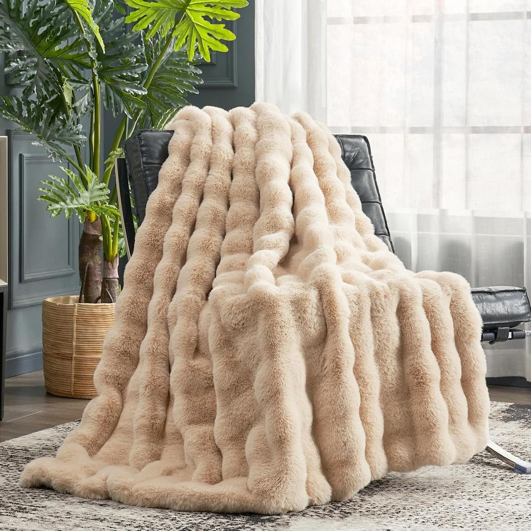 Bedsure Get Cozy Bliss Faux Fur Throw Blanket for Couch, Fuzzy Soft Plush Thick Bubble Blanket for Sofa Bedroom Living Room, 50 * 60 Inches Beige