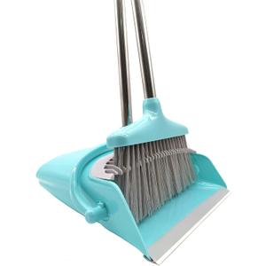 Extendable Long Handle Broom and Dustpan Set, Stainless Lightweight Upright Standing Broom and Dustpan Combo for Kitchen Lobby Office Living Room Household Indoor or Outside (Light Blue)