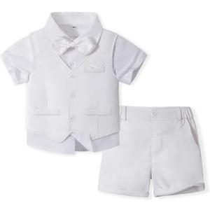 Volunboy Baby Boys Summer Suits Short Sleeve Wedding Ring Bearer Outfits 4Pcs Graduation Dress Vest Shirt Bowtie Shorts Set (12-18 Months, White)