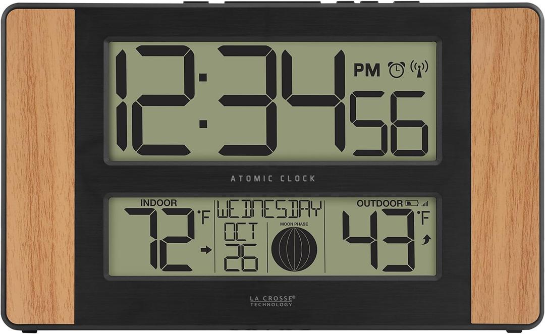 La Crosse Technology Atomic Digital Clock with Outdoor Temperature, Wood Oak, 0