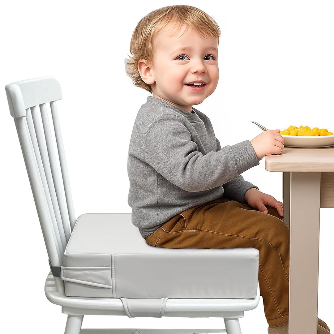 Toddler Booster Seat for Dining Table  PU Washable Cushion with Double Safe Straps, Non-Slip Bottom, Portable Travel Booster Seat for Toddlers (Grey)