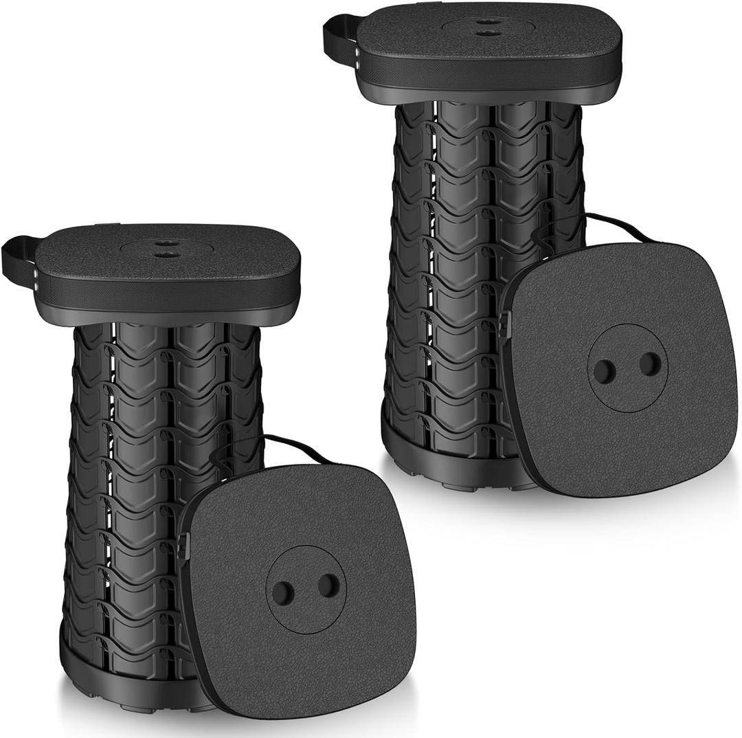 2 Pack Folding Camping Stool - Square Collapsible Portable Telescoping Stool for Fishing, Hiking, BBQ - Sturdy Lightweight Foldable, Max Load 485lb (2pcs Black(cushion Not Included))