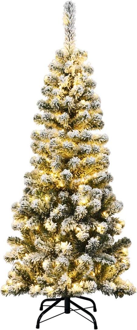 4.5Ft Pre-lit Artificial Christmas Pencil Tree, Snow Flocked Pine Tree w/ 150 LED Light, 242 Branch Tips, Metal Stand, Fake Slim Holiday Decoration for Indoor and Outdoor Use