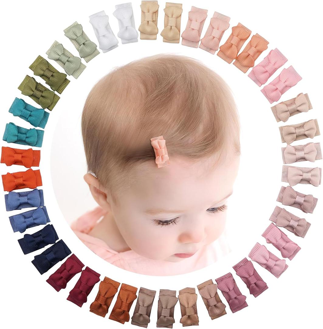 CÉLLOT 19 pcs Mini 1.2" Grosgrain Ribbon Snap Clips - Tiny Fine Thin Hair Bows in Pairs for Baby Girls, Toddlers, and Infants