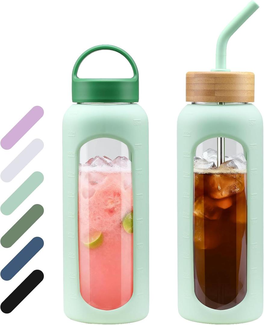 WINSA 32 oz Glass Water Bottle, 1 Liter Glass Tumbler with Straw, Reusable Drinking Bottles with 2 Lids-Handle Lid&Bamboo Straw Lid, Silicone Sleeve, for Sports, Home,1 Pack-Mustard