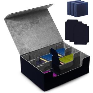 Frenchie Boss -Trading Cards Storage Box Collector Card Organizer with 3 Dividers & 3 Foam Stoppers Magnetic Closure Faux Leather Card Case for +1800 Capacity MTG YuGiOh Sports Manga (Black/Gray)