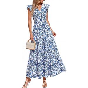 PRETTYGARDEN Women's Spring Summer Maxi Dresses 2026 Casual Wrap V Neck Floral Ruffle Sleeve Flowy Long Beach Boho Sun Dress, Size: X-Large (White Blue Flower)