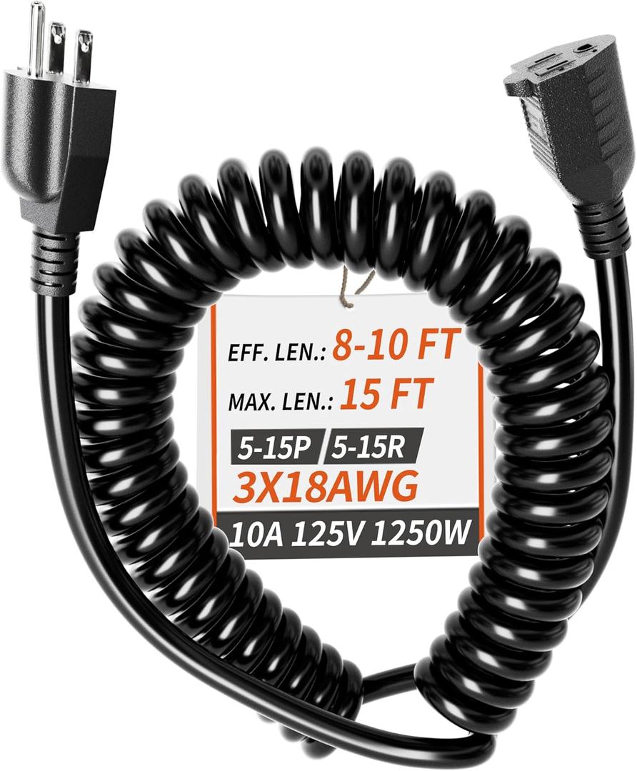 18/3 Gauge Black Coiled Extension Cord 15 ft Indoor Waterproof, Flame Retardant, Flexible 3 Prong Coiled Spiral Power Cord for Charging Electric Pallet Tucks, 10A 1250W 18AWG, ETL Listed