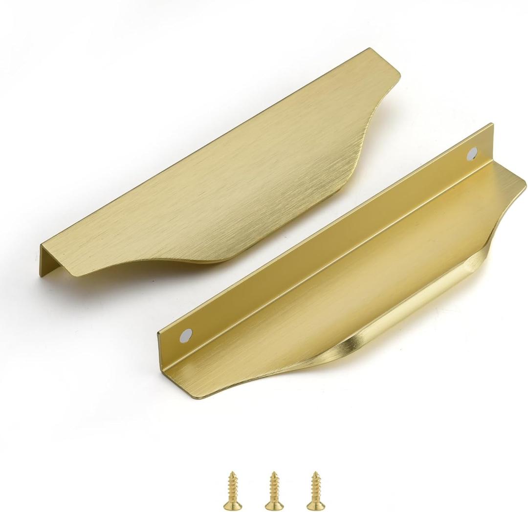 Edge Finger Tab Pulls for Cabinets Invisible Kitchen Concealed Aluminum Flat Hidden Drawer Pull Easy to Install Pack of 6 Brushed Brass 6 inch 150mm Overall Length Easy Installation