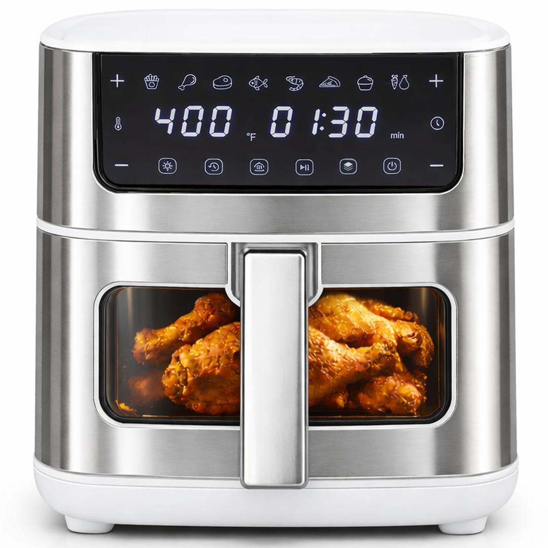 Simple Deluxe 8-in-1 Air Fryer 6.34 Qt, Digital Preset Airfryer with Visible Window, Nonstick and Dishwasher-Safe Basket, Air Fry, Chicken, Pizza, Dehydrate, Fries, 90-Min Timer, 1700W, White