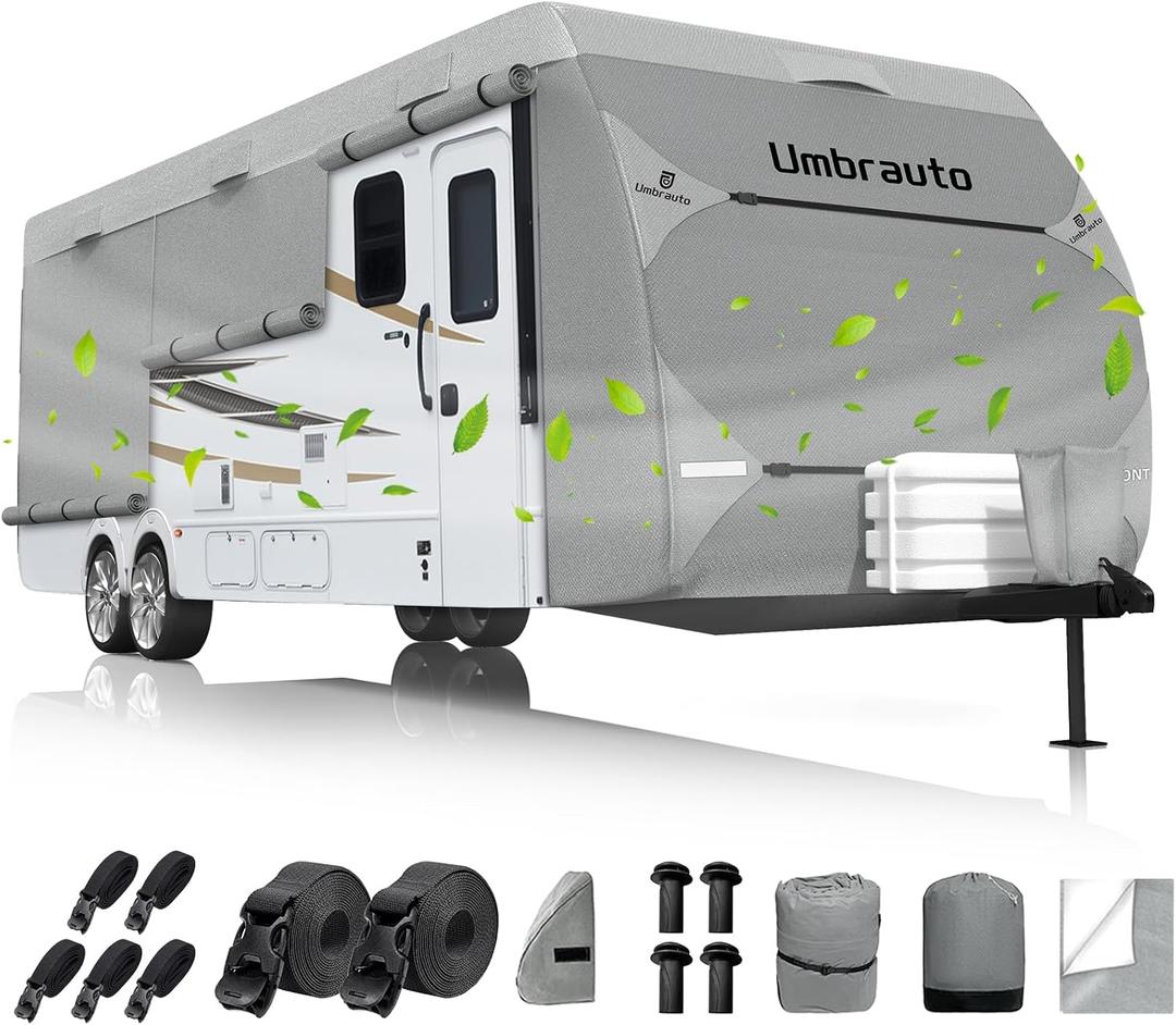 Umbrauto RV Cover 20-22ft: Lightweight Travel Trailer Cover, Waterproof Camper Cover, Toy Hauler Cover with Tongue Jack Cover, Winter Campsite, Extra Windproof Ropes, Gutter Covers