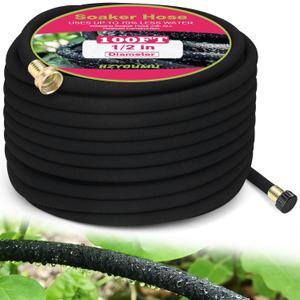 Round Soaker Hose, 1/2 Inch x 100 FT, Heavy Duty Leak-Proof Brass Connectors, Premium Upgraded Material, Efficient Root Watering & Water Saving, Easy Installation for Garden, Lawn & Plants