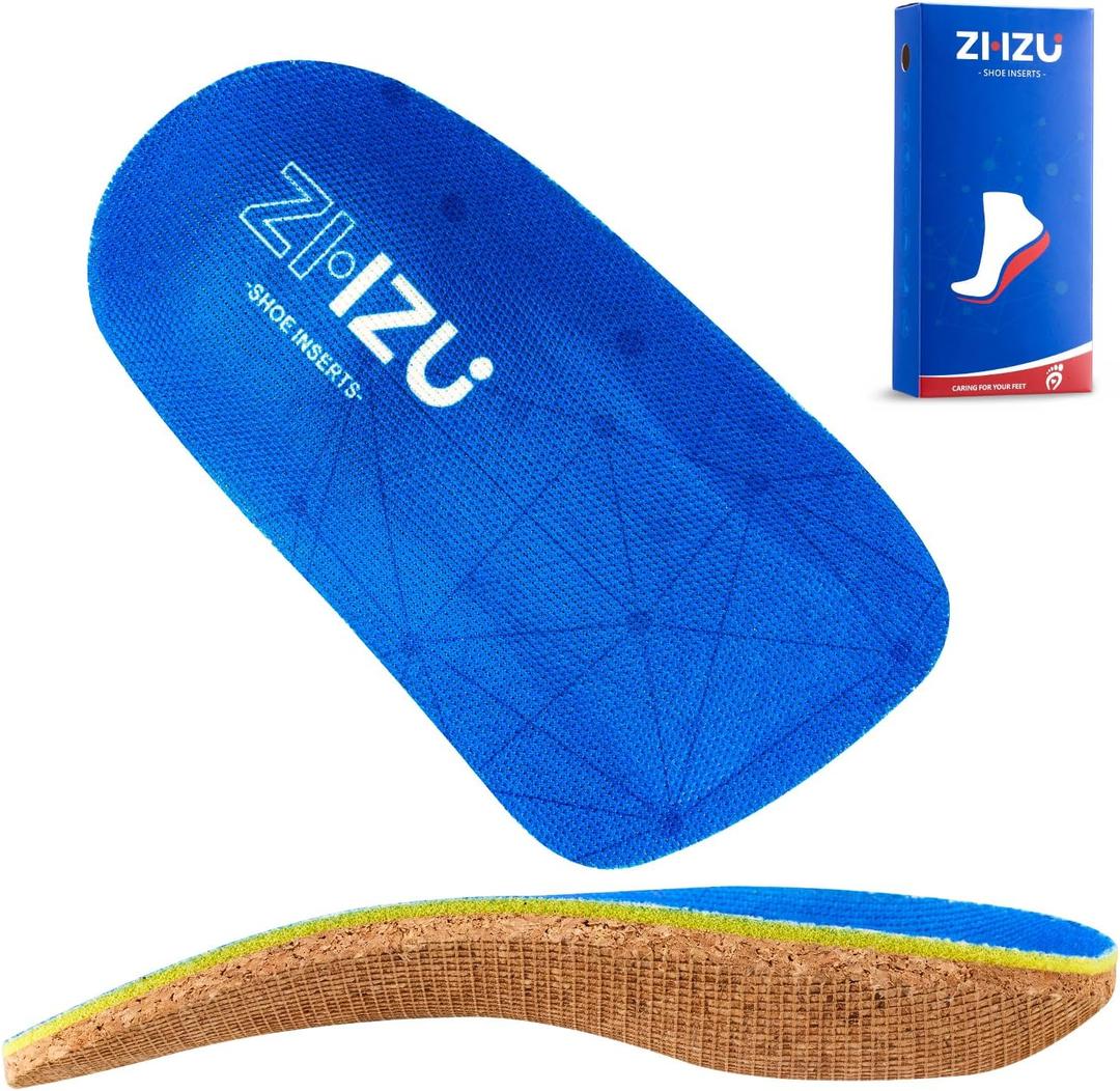 3/4 Orthotics Cork Shoe Insoles,ZHZU Arch Support Inserts for Men/Women,Plantar Fasciitis Insole, Flat Feet Breathable Shoe Inserts,Over-Pronation and Heel Pain Shoe Pad,Blue/L(Men11-13/Women12-14)