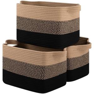 OIASKET Storage Basket for Organizing, Woven Baskets for Storage, Rectangle Decorative Baskets for Shleves, Closet, Toys, Books, Nursery Organizer Bins - Pack of 3 (Black & Brown)