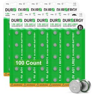 DURNERGY SR621SW Watch Battery 100 Pcs, AG1 Battery Watch Batteries 364 363, Alkaline Coin Button Cell Battery, LR621 Green Battery