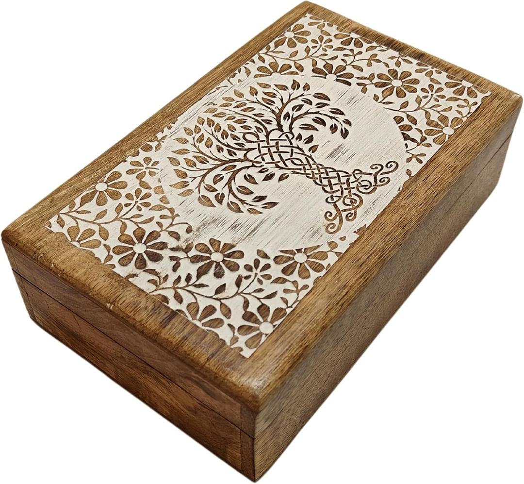 Handmade Wooden Engraved Decorative Jewelry Trinket Holder Keepsake Storage Box Multipurpose Use As Watch Box Gift for Men & Women (Natural & White) (Natural White 2)