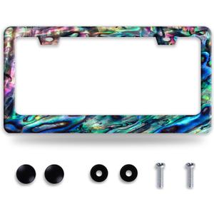 Faux Abalone Shell License Plate Frame Iridescent Seashell License Plate Holder Funny Stainless Steel Accessories Cars Decor with 2 Holes and Screws Fits Standard Us Ca Vehicles 12.2 X 6 Inch