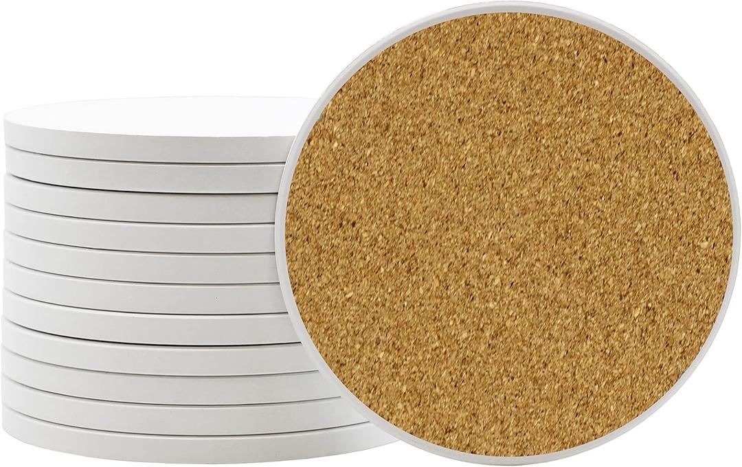 Creative Hobbies Ceramic Tiles for Crafts and Coasters - 4" Round Tiles with Cork Backers | Pack of 12