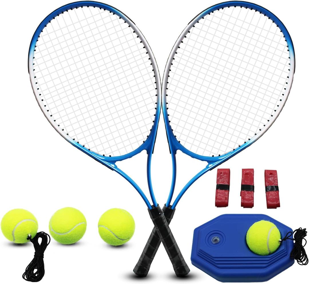 Tennis Rackets for Adult, 2 Players Adult Recreational Tennis Rackets Set for Beginners and Professional with 4 Tennis Balls, 3 Overgrips, 1 Tennis Bag (Blue)