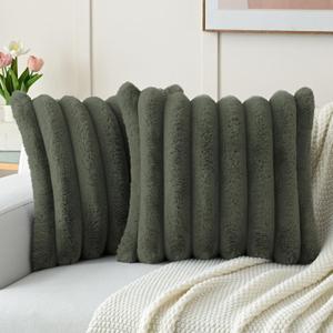 FUTEI Olive Green Decorative Throw Pillow Covers 24x24 Inch Set of 2, Square Soft Faux Rabbit Fur Big Striped Cushion Cover,Home Decor for Couch Sofa Bed Living Room