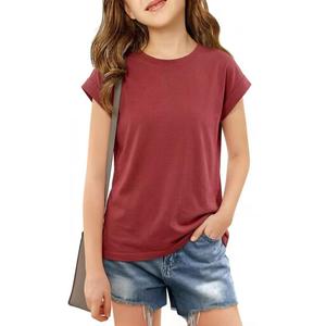 Girls Cap Sleeve T Shirts Kids Summer Crewneck Solid Tops Tees 5-14 Years (Red)