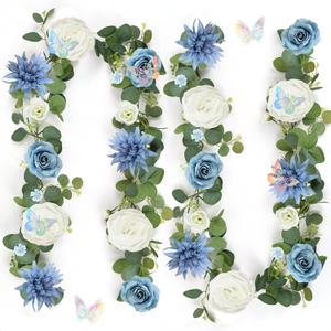 Eucalyptus Garland with Flowers - 2 Pack 5.9 FT Artificial Flower Garland with Butterflies Faux Rose Greenery Garlands for Backdrop Wedding Arch Centerpieces Decorations - Dusty Blue & White