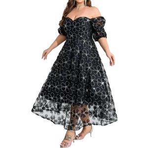 Women Plus Size V Neck Empire Waist Sequin Embroidered Lace Cocktail Dress (L)