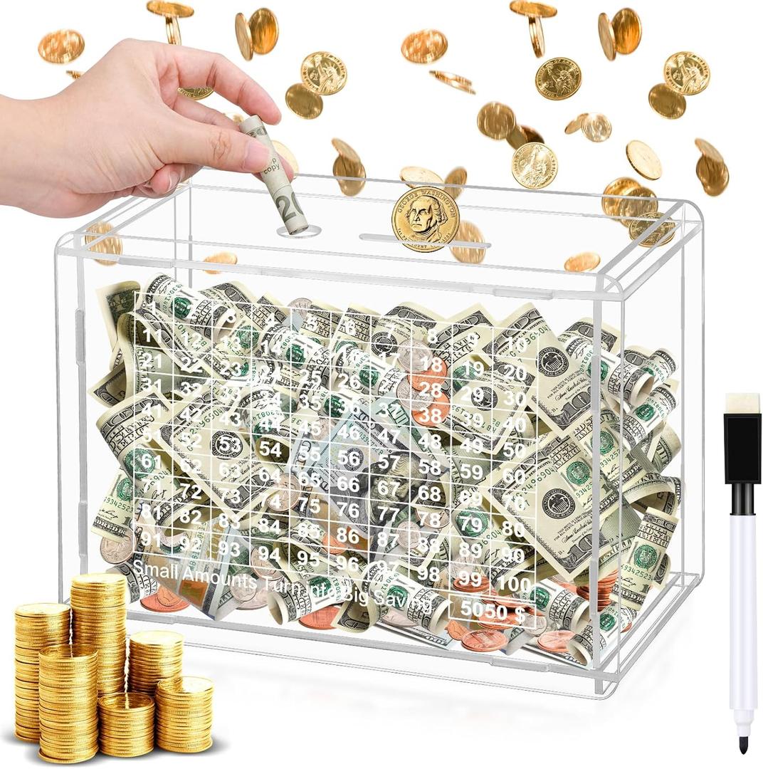 Cash Vault Wooden Savings Box, 100 Days Savings Challenge Box Wood Cash Box Kakeibo Money Saving Box, Clear Piggy Bank Coin Bank with Numbers to Check for Adults