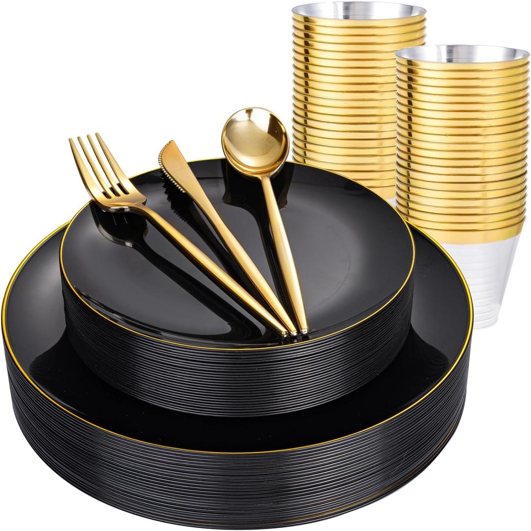 bUCLA 150PCS Black and Gold Plastic Plates - Black Gold Plastic Dinnerware Set Disposable - Include 25 Dinner / 25 Dessert Plates, 25 Knives, 25 Forks, 25 Spoons, 25 Cups, Ideal for Party & Birthday