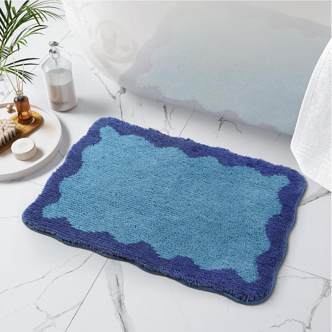 Uphome Bath Mat for Bathroom, 18x26 Cute Blue Scalloped Bathroom Rug Non Slip Washable, Soft Irregular Shaggy Microfiber Absorbent Bathroom Mat for Shower, Floor, Tub, Sink, Navy Blue