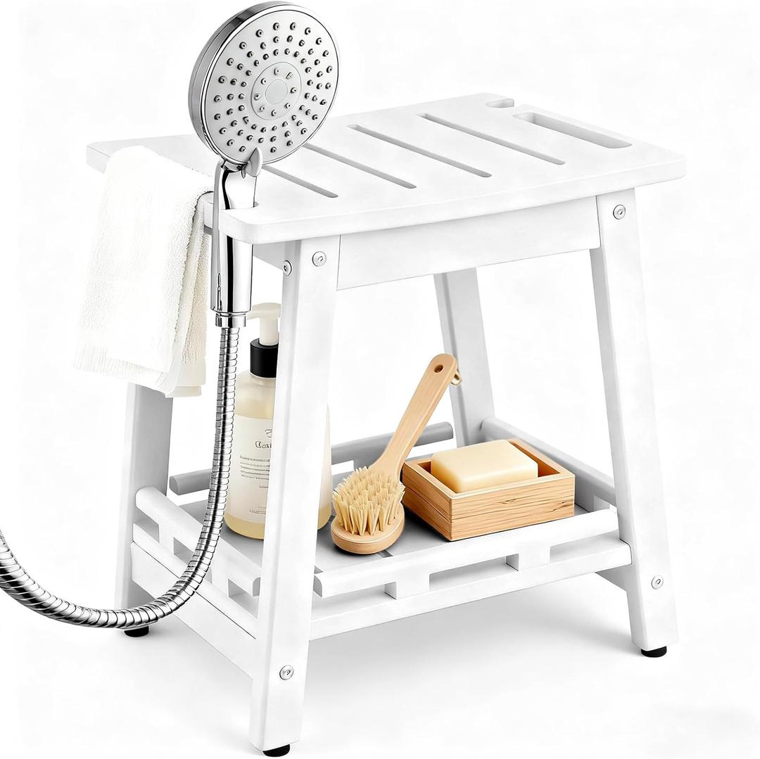 HDPE Shower Bench Seat for Shaving Legs, Waterproof Shower Stool with Storage Shelf for Bathroom,White (16.9*12.6*16.5in)