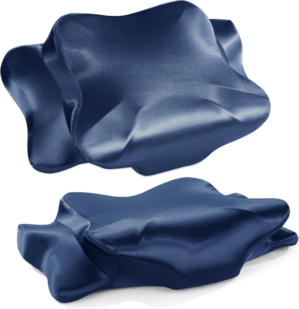 HOMBYS 2 Pack Satin Cervical Pillowcases (Only Pillowcase), Silky Butterfly-Shaped Contour Pillow Cover Cervical Neck Pillow Case with Zipper for Side Back Stomach Sleepers (Navy Blue, Queen Size)