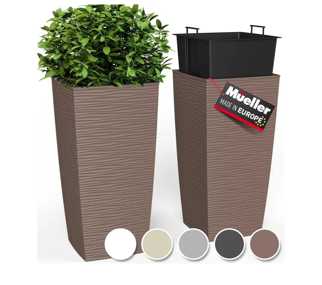 Mueller M-Resin Heavy Duty Tall Planter, Indoor/Outdoor Grande Plant, Tree, Flower Pot, 2-Piece Set, 18”, Modern Design, Built-in Drainage, Mocha
